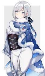 Rule 34 | absurdres, akershus fortress (oshiro project), black corset, blue cape, blue eyes, cape, commission, corset, earrings, frown, fur trim, grey hair, hair behind ear, head tilt, highres, jewelry, looking at viewer, oshiro project:re, pants, shirasu uni, shirt, skeb commission, v-shaped eyebrows, white pants, white shirt