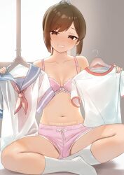 Rule 34 | 1girl, blue sailor collar, blush, bra, breasts, brown hair, clothes hanger, collarbone, english text, gym uniform, hair ribbon, half-closed eyes, hands up, high ponytail, highres, holding clothes hanger, i-401 (kancolle), indian style, indoors, kantai collection, long hair, looking at viewer, navel, parted lips, pink bra, pink shorts, ribbon, sailor collar, sakieko, school uniform, shirt, shorts, sitting, small breasts, smile, socks, solo, underwear, underwear only, white ribbon, white shirt, white socks