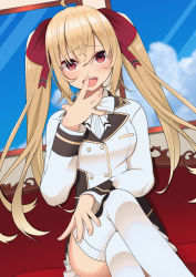1girl, absurdres, ahoge, blazer, blonde hair, blue sky, blush, bow, bowtie, breasts, cloud, cloudy sky, commentary, couch, cowboy shot, day, eyebrows visible through hair, hair between eyes, hair ribbon, hand to own mouth, highres, indoors, jacket, legs crossed, long hair, looking at viewer, medium breasts, miniskirt, nijisanji, open mouth, pleated skirt, poteto hanbagu, red eyes, red ribbon, ribbon, sitting, skirt, sky, smug, solo, takamiya rion, thighhighs, thighs, twintails, uniform, virtual youtuber, white bow, white jacket, white legwear, white neckwear, white skirt, window