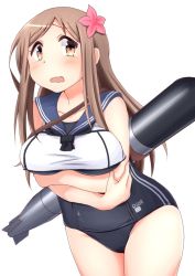 Rule 34 | 1girl, aikawa chiho, breast hold, breasts, brown eyes, brown hair, cosplay, flower, hair flower, hair ornament, hirame guard, kantai collection, kayano ai, large breasts, long hair, looking at viewer, matching hair/eyes, old school swimsuit, one-piece swimsuit, open mouth, ro-500 (kancolle) (cosplay), ro-500 (kancolle), sailor collar, school swimsuit, school uniform, voice actor connection, serafuku, simple background, solo, swimsuit, swimsuit under clothes, tears, torpedo, wavy mouth, white background, yuyushiki