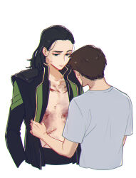 Rule 34 | 2boys, animification, back, black hair, black shirt, black vest, blood, brown hair, bruise, closed mouth, collarbone, commentary, english commentary, facial hair, gold trim, green eyes, grey shirt, half-closed eyes, hand up, injury, loki (marvel), long sleeves, looking down, male focus, marvel, marvel cinematic universe, medium hair, multiple boys, murdermuffinloki, open clothes, open shirt, open vest, sad, shirt, short hair, short sleeves, simple background, standing, sweatdrop, t-shirt, tony stark, vest, white background