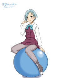 Rule 34 | 1girl, aqua bow, aqua bowtie, ball, blue bow, blue bowtie, boots, bow, bowtie, cross-laced footwear, dated, dress, exercise ball, forehead, geru, grey hair, grey pantyhose, halterneck, kantai collection, lace-up boots, mole, mole on neck, pantyhose, pleated dress, purple dress, shirt, short hair, simple background, sitting on ball, solo, tamanami (kancolle), twitter username, white background, white shirt, yellow eyes