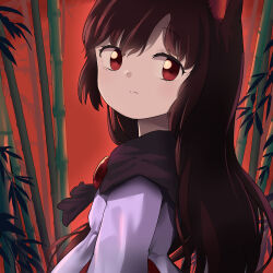 Rule 34 | 1girl, absurdres, animal ears, bamboo, brooch, cape, commentary, highres, imaizumi kagerou, jewelry, long hair, looking back, looking to the side, red background, red eyes, smile, solo, street dog, touhou, upper body, very long hair, wolf ears, wolf girl