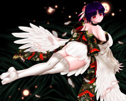 Rule 34 | 1girl, angel, angel wings, bare shoulders, chichi kurage ss, collar, feathers, female focus, hair ornament, japanese clothes, looking back, purple hair, red eyes, short hair, skirt, solo, thighhighs, white thighhighs, white wings, wings