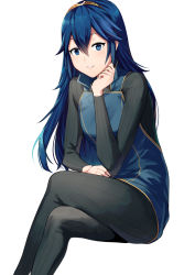 Rule 34 | 1girl, ameno (a meno0), blue eyes, blue hair, crossed legs, fire emblem, fire emblem awakening, flat chest, hair between eyes, hand on own face, highres, long hair, long sleeves, looking at viewer, lucina (fire emblem), nintendo, simple background, sitting, smile, solo, symbol-shaped pupils, thighs, tiara, white background