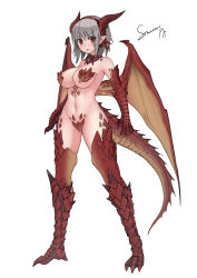 Rule 34 | 1girl, blush, breasts, claws, dragon girl, dragon tail, dragon wings, female focus, full body, gem, grey hair, horns, large breasts, looking at viewer, monster girl, navel, open mouth, pointy ears, red eyes, scales, short hair, signature, solo, standing, stmast, tail, wings