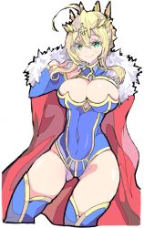 Rule 34 | 1girl, ahoge, artoria pendragon (fate), artoria pendragon (lancer) (fate), blonde hair, blue thighhighs, braid, braided bun, breasts, cape, closed mouth, crown, enpe, fate/grand order, fate (series), french braid, fur-trimmed cape, fur trim, green eyes, hair bun, heattech leotard, highres, large breasts, leotard, red cape, simple background, smile, solo, thighhighs, turtleneck, white background
