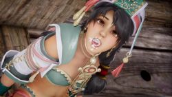 Rule 34 | 1girl, 3d, artist request, black hair, braid, braided ponytail, brown eyes, cum, cum in mouth, cum on tongue, facial, highres, kneeling, looking at viewer, namco, non-web source, open mouth, pov, soul calibur, soulcalibur, soulcalibur vi, talim