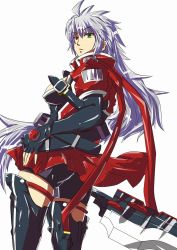 Rule 34 | 1girl, ahoge, alpha-01, arc system works, belt, bike shorts, blazblue, boots, breasts, elbow gloves, fingerless gloves, genderswap, genderswap (mtf), gloves, green eyes, heterochromia, highres, jacket, long hair, medium breasts, multiple belts, ponytail, ragna the bloodedge, red eyes, red jacket, ribbon, shisho0602, shorts, shorts under skirt, silver hair, sword, thigh boots, thighhighs, very long hair, weapon