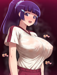 Rule 34 | 1girl, aoki reika, blush, breasts, eyebrows, gradient background, gym uniform, happy, highres, huge breasts, long hair, looking at viewer, matching hair/eyes, nipples, no bra, open mouth, ponytail, precure, purple eyes, purple hair, see-through, simple background, smell, smile, smile precure!, solo, sound effects, standing, sweat, sweat stain, tedain, upper body, wet, wet clothes