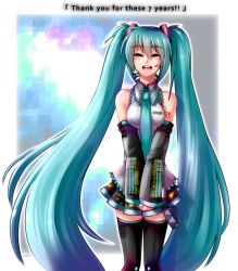 Rule 34 | 1girl, aqua hair, artist name, bad id, bad pixiv id, black thighhighs, breasts, character name, closed eyes, cowboy shot, detached sleeves, english text, hair ornament, happy, hatsune miku, headset, highres, long hair, microphone, necktie, neo (neo 399), open mouth, pleated skirt, skirt, sleeves past wrists, solo, tattoo, tears, thank you, thighhighs, twintails, v arms, very long hair, vocaloid, zettai ryouiki