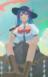 Rule 34 | 1girl, absurdres, black headband, blue hair, blue skirt, boots, brown footwear, center frills, closed mouth, collared shirt, frills, fruit hat ornament, hat, hat ornament, headband, highres, hinanawi tenshi, holding, holding weapon, long hair, looking at viewer, palulap, peach hat ornament, puffy short sleeves, puffy sleeves, red eyes, shirt, short sleeves, sitting, skirt, smile, solo, sword of hisou, touhou, weapon, white shirt