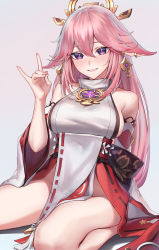 Rule 34 | 1girl, absurdres, animal ears, blush, breasts, detached sleeves, earrings, fox ears, fox shadow puppet, genshin impact, highres, japanese clothes, jewelry, large breasts, long hair, looking at viewer, low-tied long hair, monegi, pink hair, purple eyes, red skirt, shirt, skirt, smile, solo, white shirt, yae miko
