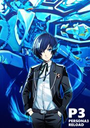 Rule 34 | 1boy, absurdres, belt, black jacket, black ribbon, blue eyes, blue hair, chain, closed mouth, collared shirt, commentary request, copyright name, digital media player, gekkoukan high school uniform, hands in pockets, highres, jacket, kanzaki izumi, long sleeves, looking at viewer, male focus, neck ribbon, open clothes, open jacket, persona, persona 3, persona 3 reload, ribbon, school uniform, shirt, short hair, thanatos (persona), upper body, white shirt, yuuki makoto (persona 3)