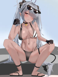Rule 34 | 1girl, absurdres, aw999555, bikini, black-framed eyewear, black bikini, black choker, black gloves, blue archive, blush, breasts, choker, dark-skinned female, dark skin, demon girl, demon tail, eyewear on head, gloves, hair over one eye, halo, highres, iori (blue archive), iori (swimsuit) (blue archive), long hair, looking at viewer, medium breasts, official alternate costume, pointy ears, red eyes, solo, sunglasses, swimsuit, tail, twintails