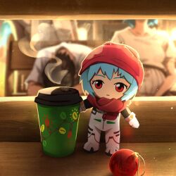 Rule 34 | 1boy, 1girl, absurdres, ayanami rei, black hair, blue hair, bodysuit, character doll, christmas ornaments, coffee cup, commentary, cup, disposable cup, highres, ikari shinji, khyle., neon genesis evangelion, plugsuit, pregnant, red eyes, rei chikita, short hair, toy