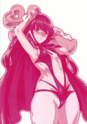 Rule 34 | 1girl, alternate costume, armpits, arms up, artist request, blush, breasts, cape, covered erect nipples, highres, long hair, nakoruru, navel, samurai spirits, slingshot swimsuit, small breasts, snk, snk heroines: tag team frenzy, solo, swimsuit, thick thighs, thighhighs, thighs, vampire costume, weapon