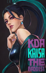 Rule 34 | 1girl, absurdres, antenna hair, black hair, breasts, character name, commentary, crop top, cropped jacket, earrings, english commentary, eyeliner, eyeshadow, finger to mouth, green hair, hair pulled back, highres, jewelry, k/da (league of legends), kai&#039;sa, league of legends, lips, lipstick, looking back, makeup, medium breasts, midriff, monori rogue, multicolored hair, nail polish, nose, off-shoulder jacket, off shoulder, ponytail, purple eyes, purple nails, shiny clothes, shushing, solo, streaked hair, the baddest kai&#039;sa, two-tone hair