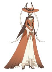 Rule 34 | 1girl, breasts, brown cape, brown dress, brown footwear, brown hat, cape, cleavage, closed mouth, commentary request, creatures (company), dress, earrings, full body, game freak, gen 4 pokemon, hat, hat ribbon, high heels, highres, jewelry, kricketune, large breasts, long sleeves, medium breasts, nintendo, oimo kenpi, own hands together, pokemon, ribbon, short hair, simple background, smile, solo, standing, sun hat, white background