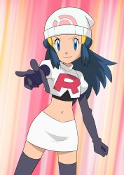 Rule 34 | 1girl, absurdres, beanie, black hair, blue eyes, boots, clenched hand, closed mouth, commentary request, cosplay, creatures (company), cropped jacket, dawn (pokemon), elbow gloves, eyelashes, game freak, gloves, hainchu, hair ornament, hairclip, hat, highres, jacket, jessie (pokemon), jessie (pokemon) (cosplay), logo, long hair, navel, nintendo, outstretched arm, pokemon, pokemon (anime), pokemon dppt (anime), sidelocks, skirt, smile, solo, team rocket, team rocket uniform, thigh boots, w, white hat, white jacket, white skirt