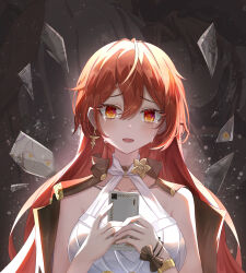 Rule 34 | 1girl, absurdres, bare shoulders, bracelet, breasts, cellphone, chinese commentary, commentary request, crying, crying with eyes open, dress, earrings, highres, himeko (honkai: star rail), holding, holding phone, honkai: star rail, honkai (series), jewelry, long hair, looking at viewer, medium breasts, open mouth, orange eyes, phone, red hair, sleeveless, sleeveless dress, smartphone, tears, upper body, very long hair, white dress, xiaoba (782286949)