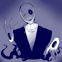 Rule 34 | 1boy, ;), black sclera, colored sclera, gradient background, looking at viewer, male focus, monochrome, one eye closed, skeleton, smile, smoke, solo, spoilers, sweater, undertale, w.d. gaster, yokago