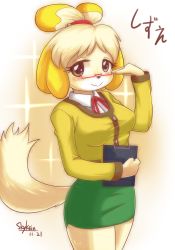Rule 34 | 1girl, animal crossing, animal ears, artist name, bell, bespectacled, blonde hair, blush, body fur, breasts, brown eyes, cardigan, clipboard, dated, dog ears, dog girl, dog tail, furry, furry female, glasses, hair bell, hair ornament, hair tie, isabelle (animal crossing), medium breasts, multicolored hair, nintendo, pince-nez, red-framed eyewear, scrunchie, semi-rimless eyewear, skirt, skykain, smile, solo, tail, taut clothes, topknot, two-tone hair, under-rim eyewear