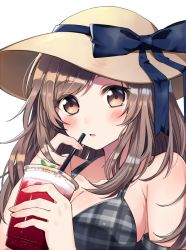 Rule 34 | 1girl, beeftanizoko, bikini, blush, breasts, brown eyes, brown hair, cleavage, cup, drink, drinking straw, hat, holding, holding cup, idolmaster, idolmaster shiny colors, large breasts, long hair, simple background, solo, straw hat, swimsuit, tsukioka kogane, upper body, white background
