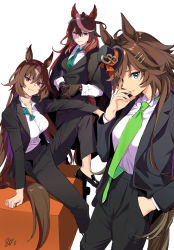 Rule 34 | 3girls, alternate costume, animal ears, black coat, black footwear, black gloves, black headwear, black jacket, black pants, black suit, blue eyes, bow, bowtie, breasts, brown hair, closed mouth, coat, coat on shoulders, collared shirt, dress shirt, feet out of frame, formal, gloves, green neckwear, hair between eyes, hair ornament, hairclip, hand in pocket, hand on own face, hat, highres, horse ears, horse girl, horse tail, jacket, knee up, light smile, loafers, long hair, long sleeves, looking at viewer, loose neckwear, medium breasts, mini hat, mini top hat, misu kasumi, mr. c.b. (umamusume), multicolored hair, multiple girls, necktie, open clothes, open jacket, pants, purple eyes, purple hair, red eyes, red hair, shirt, shirt tucked in, shoes, signature, simple background, sirius symboli (umamusume), sitting, smirk, streaked hair, suit, symboli rudolf (umamusume), tail, tilted headwear, top hat, traditional bowtie, umamusume, undone bowtie, v-shaped eyebrows, white background, white hair, white shirt, wing collar