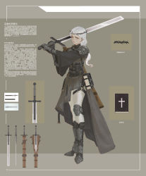 Rule 34 | 1girl, absurdres, armor, belt, bible (object), book, commentary request, cross, crown of thorns, earrings, executioner&#039;s sword, full body, highres, jewelry, knight, long hair, looking at viewer, medieval, original, over shoulder, red eyes, religion, sheath, silver hair, solo, sword, translation request, user ngsf5244, weapon, weapon over shoulder