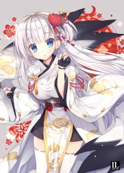 Rule 34 | 1girl, :o, azur lane, black skirt, blue eyes, blunt bangs, blush, breasts, commentary request, cowboy shot, floral background, floral print, gloves, grey background, hair ornament, hand up, japanese clothes, kanzashi, kimono, large breasts, light blush, long sleeves, looking at viewer, mitha, mole, mole under eye, one side up, partially fingerless gloves, pelvic curtain, print kimono, ribbon-trimmed legwear, ribbon trim, shoukaku (azur lane), sidelocks, skirt, sleeves past wrists, solo, thighhighs, tsumami kanzashi, white hair, white kimono, white thighhighs, wide sleeves, zettai ryouiki