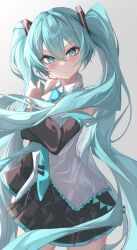 Rule 34 | 1girl, absurdres, annoyed, bare shoulders, belt, black skirt, black sleeves, blue hair, blue necktie, closed mouth, collared shirt, cowboy shot, crossed arms, detached sleeves, frilled shirt, frills, hair between eyes, hair ornament, hatsune miku, head tilt, headset, highres, kawasuru (15miclon), legs apart, long hair, long sleeves, looking at viewer, loose belt, microphone, miniskirt, necktie, pleated skirt, shirt, sidelocks, simple background, skirt, sleeveless, sleeveless shirt, solo, thighs, tie clip, twintails, v-shaped eyebrows, very long hair, vocaloid, white background, white shirt