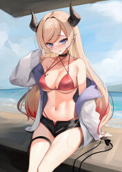 Rule 34 | 1girl, absurdres, bare shoulders, beach, bikini, bikini under shorts, black choker, blonde hair, blue eyes, blush, breasts, choker, cleavage, closed mouth, collarbone, covered erect nipples, criss-cross halter, demon girl, demon horns, demon tail, halterneck, highres, hololive, horns, large breasts, licking lips, looking at viewer, navel, pointy ears, rifufu, short shorts, shorts, sitting, smile, swimsuit, tail, thigh strap, tongue, tongue out, tsurime, virtual youtuber, yuzuki choco