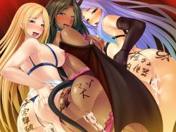 Rule 34 | 3girls, aftersex, ahegao, anus, ass, bishoujo-darake yume no bouken seikatsu!, blonde hair, body writing, breasts, cum, cum in pussy, dark-skinned female, dark skin, fucked silly, ishii akira, large breasts, miel (company), multiple girls, naughty face, nipples, pointy ears, smile, sonia yuditto, tattoo, translation request