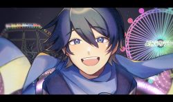 Rule 34 | 1boy, :d, amusement park, blue eyes, blue hair, blue scarf, coat, dark blue hair, ferris wheel, happy, highres, ka ice ha, kaito (vocaloid), letterboxed, looking at viewer, male focus, night, open mouth, outdoors, positive parade (vocaloid), roller coaster, scarf, short hair, smile, solo, teardrop, vocaloid
