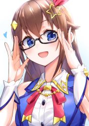Rule 34 | 1girl, adjusting eyewear, bespectacled, black-framed eyewear, blue eyes, blue jacket, blush, borrowed clothes, breasts, brown hair, collared shirt, commentary, glasses, hair between eyes, hair flaps, hair ornament, heart, highres, hololive, hosi 0729, jacket, long hair, looking at viewer, medium breasts, neck ribbon, open mouth, pink ribbon, ribbon, shirt, simple background, sleeveless, sleeveless jacket, smile, solo, star (symbol), star hair ornament, tokino sora, tokino sora (1st costume), upper body, virtual youtuber, white background, white shirt, wrist cuffs