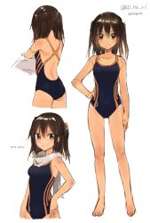 Rule 34 | 10s, 1girl, 2016, arm at side, artist name, ass, bare arms, bare legs, bare shoulders, barefoot, between breasts, blush, breasts, brown eyes, brown hair, closed mouth, collarbone, competition swimsuit, cropped legs, dark skin, dated, from behind, full body, hand on own hip, kantai collection, koruri, multiple views, one-piece swimsuit, scarf, sendai (kancolle), shirt, unworn shirt, short hair, short twintails, simple background, smile, standing, strap between breasts, swimsuit, tan, thighs, twintails, twitter username, two side up, undressing, white background, white scarf, white shirt