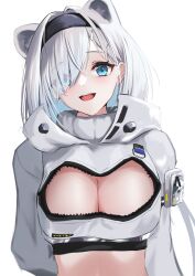 Rule 34 | 1girl, absurdres, animal ears, arknights, aurora (arknights), bear ears, bear girl, black hairband, blue eyes, blush, breasts, cleavage cutout, clothing cutout, commentary request, cropped hoodie, grey hoodie, hairband, highres, hood, hoodie, large breasts, long hair, looking at viewer, midriff, nekomatamago, open mouth, smile, solo, upper body, white hair