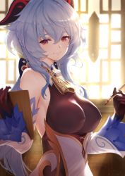 Rule 34 | 1girl, aiu eo, backlighting, bad id, bad pixiv id, bare shoulders, bell, black gloves, blue hair, bodystocking, breasts, clipboard, closed mouth, covered erect nipples, detached sleeves, ganyu (genshin impact), genshin impact, glint, gloves, hair between eyes, holding, holding pen, horns, indoors, large breasts, light particles, long hair, long sleeves, looking at viewer, low ponytail, pen, red eyes, sidelocks, smile, solo, upper body, very long hair, window