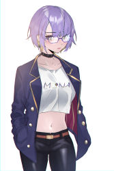 Rule 34 | 1girl, absurdres, belt, black collar, black pants, blonde hair, brown belt, collar, collarbone, colored inner hair, cowboy shot, crop top, earrings, glasses, hands in pockets, hievasp, highres, hololive, hololive indonesia, jacket, jewelry, midriff, moona hoshinova, moona hoshinova (casual), multicolored hair, navel, pants, purple hair, purple jacket, shirt, short hair, virtual youtuber, white background, white shirt