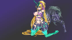 Rule 34 | 1girl, arms behind back, bdsm, blindfold, blonde hair, body pairing, bound, bound arms, breasts, bzs (kage no shinobu), centaur, commentary request, cursed armor ii, full body, harness, hooves, horns, horse legs, horse tail, kneeling, large breasts, long hair, navel, original, ponytail, restrained, shiny skin, simple background, single horn, solo, tail, taur, tentacle sex, tentacles, very long hair