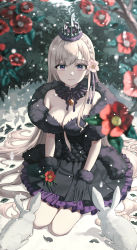 Rule 34 | 1girl, absurdres, bare shoulders, bell, black collar, black dress, black gloves, black ribbon, blue eyes, blurry, blurry background, blurry foreground, braid, breasts, cleavage, closed mouth, collar, commentary, crown, crown braid, depth of field, dress, feet out of frame, flower, frilled collar, frills, fur-trimmed dress, fur-trimmed gloves, fur trim, gloves, gradient eyes, hair flower, hair ornament, hair ribbon, highres, holding, jisu lee, large breasts, layered dress, light brown hair, looking at viewer, multicolored eyes, neck bell, original, pink eyes, rabbit, red flower, ribbon, sidelocks, sitting, smile, snow, snowing, solo, winter, yokozuwari