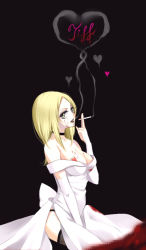 Rule 34 | 1girl, animification, bad id, bad pixiv id, bare shoulders, blonde hair, blood, breasts, bride of chucky, choker, cigarette, cleavage, dress, fishnet thighhighs, fishnets, large breasts, original, smoke, smoking, solo, tattoo, thighhighs, tiffany (bride of chucky), white dress, yuga, yugaa