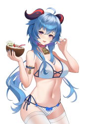 Rule 34 | 0x00000050, 1girl, absurdres, ahoge, arm strap, bell, bikini, blue hair, blue nails, breasts, chili pepper, coconut, collar, crossed bangs, curled horns, drink, drinking straw, furrowed brow, ganyu (genshin impact), genshin impact, goat horns, hair between eyes, hands up, highres, holding, holding drink, horns, large breasts, long hair, mismatched bikini, multi-strapped bikini, nail polish, navel, neck bell, polka dot, polka dot bikini, purple eyes, qingxin flower, red collar, side-tie bikini bottom, sidelocks, simple background, skindentation, solo, stomach, swimsuit, thighhighs, very long hair, wavy hair, white background, white bikini, white thighhighs