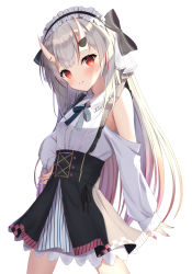 Rule 34 | 1girl, bare shoulders, black bow, black skirt, blush, bow, breasts, commentary request, cowboy shot, frills, hair bow, hair ornament, highres, hololive, horns, long hair, long sleeves, looking at viewer, maid headdress, multicolored hair, nail polish, nakiri ayame, nakiri ayame (girly), off shoulder, oni, open mouth, parted lips, red eyes, saki (saki paint), shirt, silver hair, simple background, skin-covered horns, skirt, sleeves past wrists, small breasts, smile, solo, striped, very long hair, virtual youtuber, white background