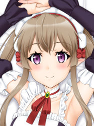 Rule 34 | 10s, 1girl, apron, brown hair, choker, detached sleeves, dress, elf, frilled dress, frilled sleeves, frills, hair ribbon, long hair, looking at viewer, maid, maid apron, maid headdress, myucel foalan, outbreak company, pointy ears, purple eyes, red ribbon, ribbon, simple background, smile, solo, tress ribbon, twintails, waist apron, white background