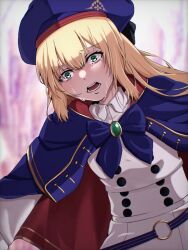 Rule 34 | 1girl, artoria caster (fate), artoria caster (second ascension) (fate), artoria pendragon (fate), belt, beret, blonde hair, blue belt, blue cape, blurry, bow, buttons, cape, commentary request, crying, depth of field, double-breasted, fate/grand order, fate (series), green eyes, hair between eyes, hat, igote, long hair, long sleeves, looking at viewer, multicolored cape, multicolored clothes, nikumaki43, open mouth, red cape, shirt, solo, striped belt, teeth, white shirt