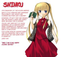 Rule 34 | 00s, 1girl, blonde hair, blue eyes, blush, book, character profile, flower, frown, hairband, hard-translated, long hair, nu (plastic eraser), rose, rozen maiden, rozen maiden shoujo profile, scarf, shinku, solo, text focus, third-party edit, translated, twintails