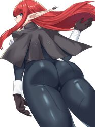 1girl ascot ass ass_focus black_capelet black_gloves blue_eyes blunt_bangs capelet closed_mouth commentary english_commentary from_below gloves hulkenberg_(metaphor:_refantazio) jamjamstyle long_hair long_pointy_ears looking_back metaphor:_refantazio pointy_ears red_eyes red_hair simple_background solo white_ascot