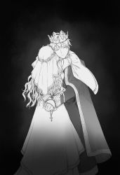 Rule 34 | 1boy, 1girl, :|, black background, bound, bound wrists, closed eyes, closed mouth, cross, crown, dress, facing away, facing viewer, feet out of frame, greyscale, guinevere, head tilt, highres, hug, jowell she, king arthur, long hair, long sleeves, monochrome, original, rosary, simple background, standing, tiara, veil, wide sleeves